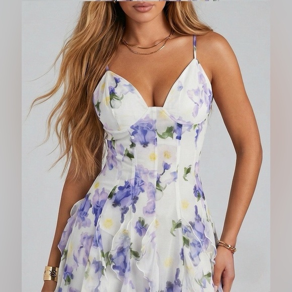 Floral V-Neck Tiered Ruffle Gown Maxi Dress | Purple & White - Picture 2 of 9